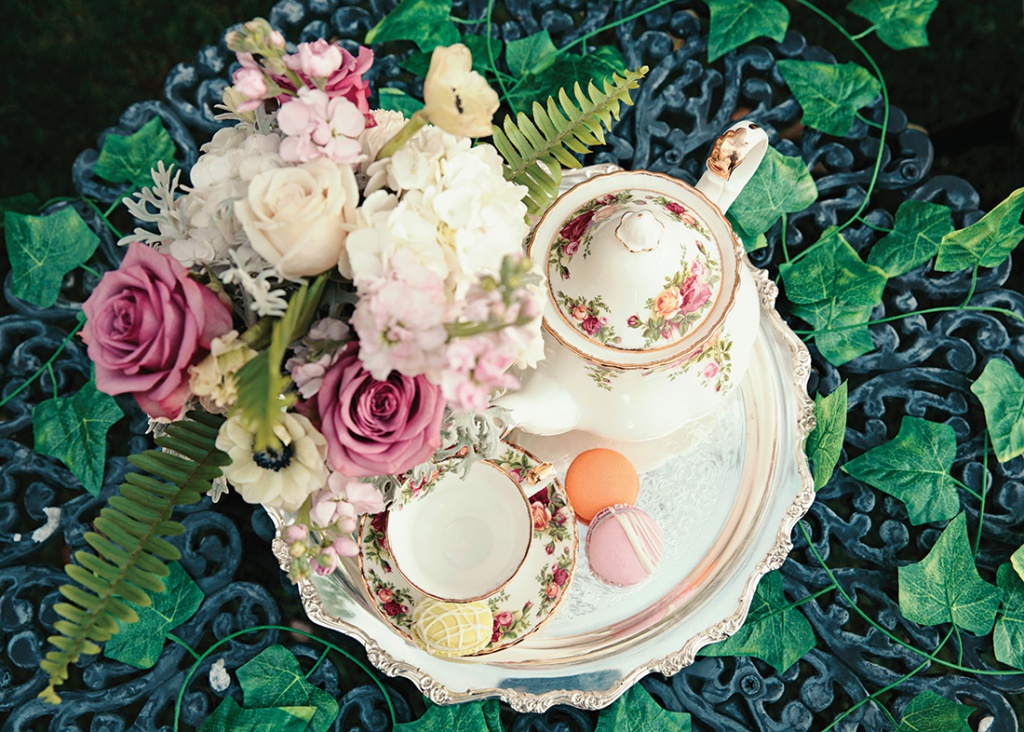beautiful flowers and tea set